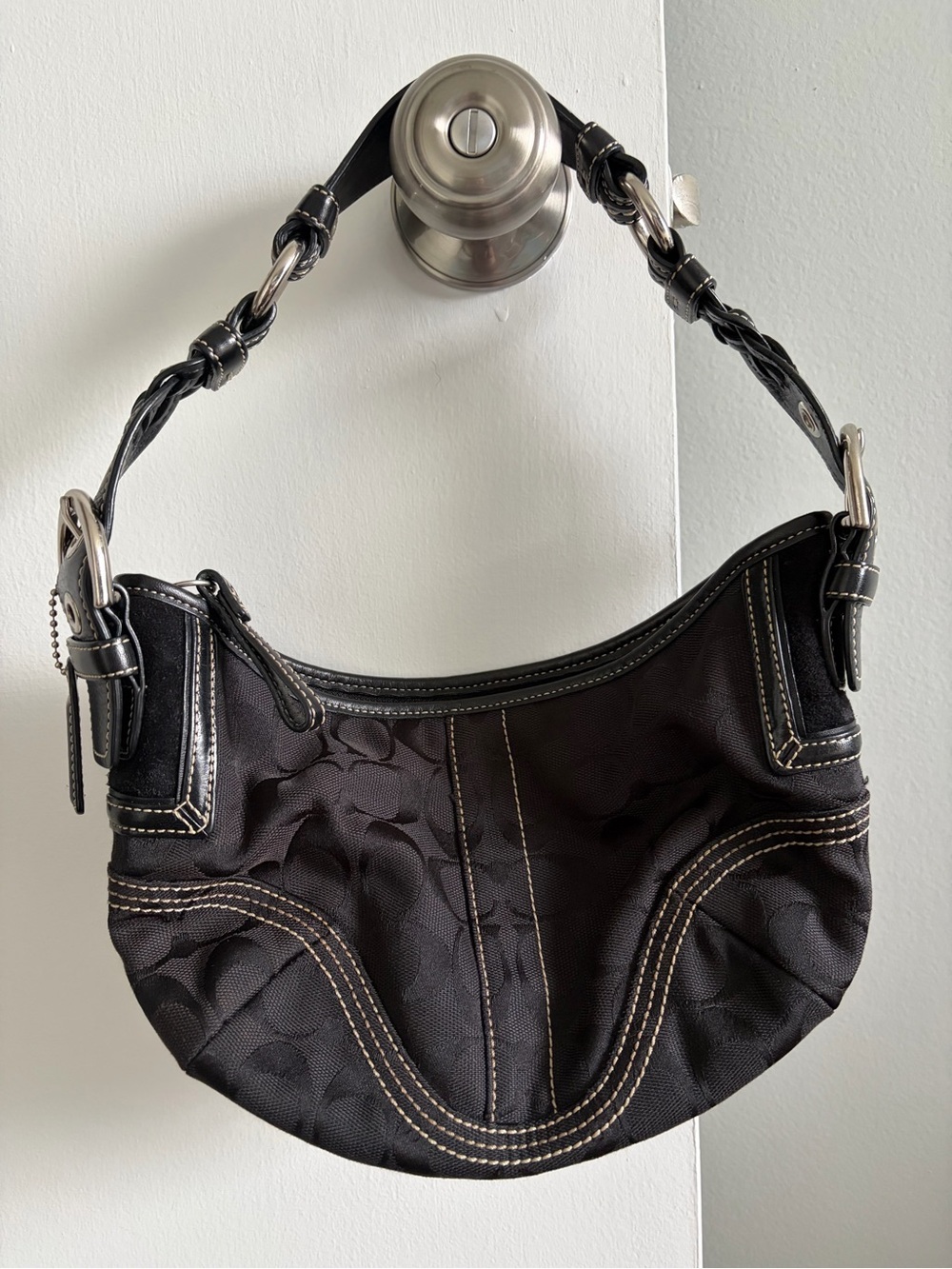 Coach Black Signature Canvas Shoulder Hobo with Braided Strap